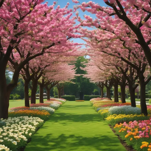 Image of a lush, diverse garden featuring mature 