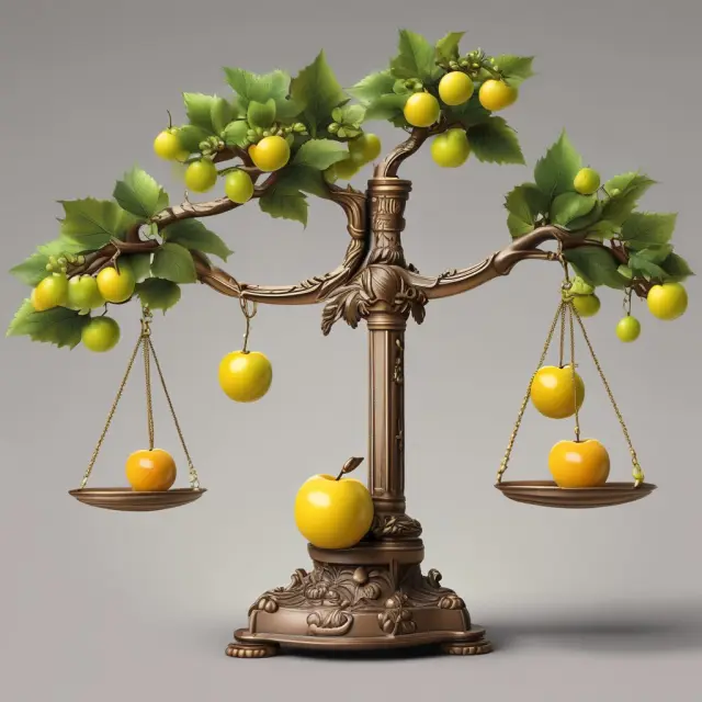 Balance scale with a tree bearing gold apples and clusters of grapes, representing growth and income.