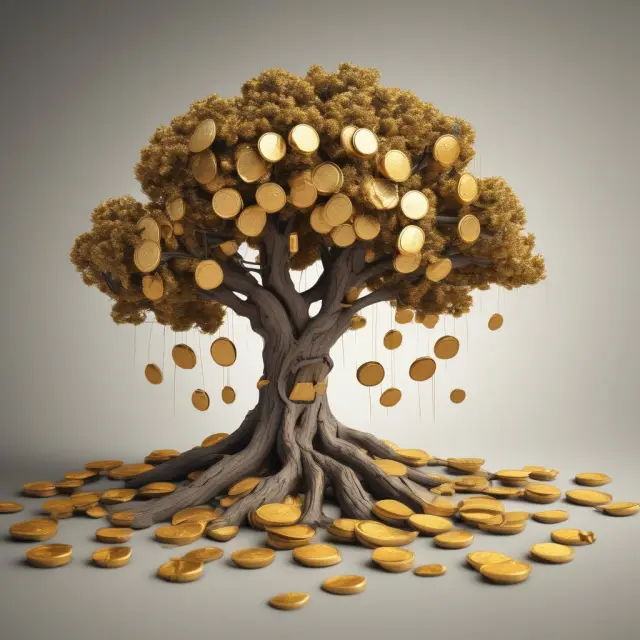 Golden tree with coins and yielding fruit: Growth & Income Fund visual metaphor