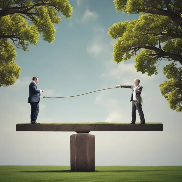 Two towering business entities on a balanced seesaw: one symbolizes the potential of growth companies, the other represents the stability of mature companies.