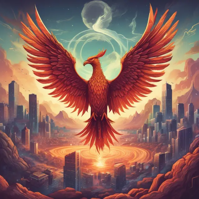 A mythical phoenix emerging from flames in a technology sector scene, representing the continuous growth and evolution of Google, Tesla, Amazon, and Etsy.