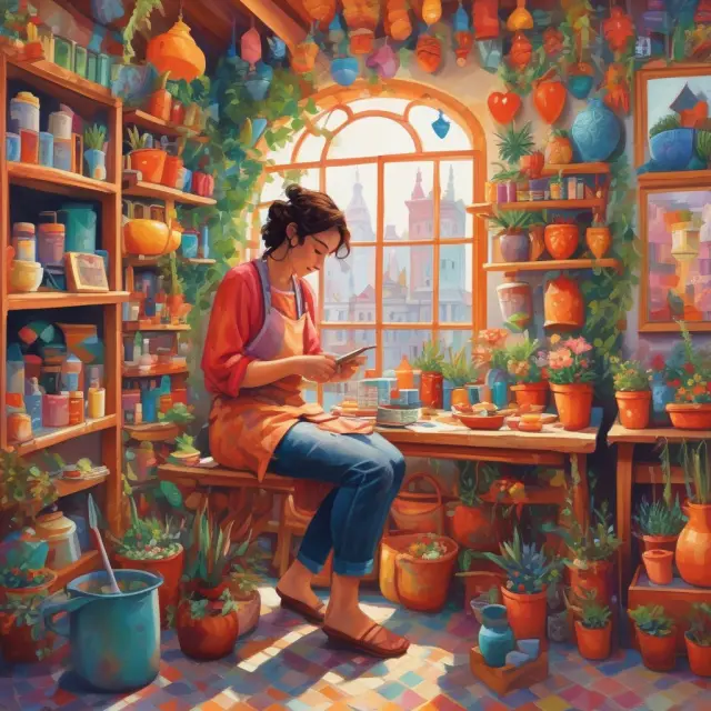 Artisan painting a thriving Etsy marketplace filled with diverse handmade items and expanding sales.
