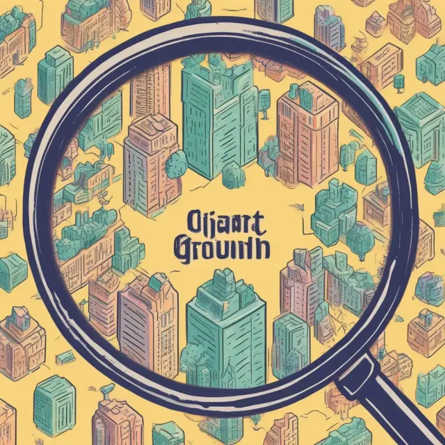An enormous growth fund magnifying glass focuses on technology companies for insight into their growth potential