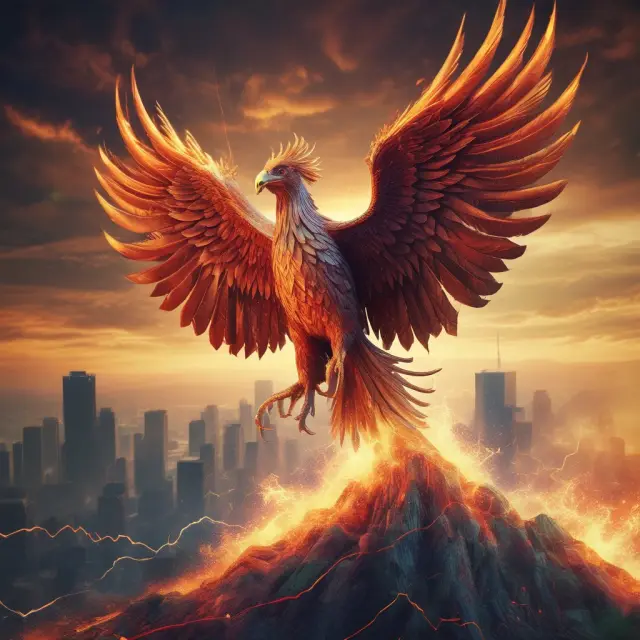 Phoenix rising above volatile stock charts, representing the power of growth funds in overcoming market challenges.