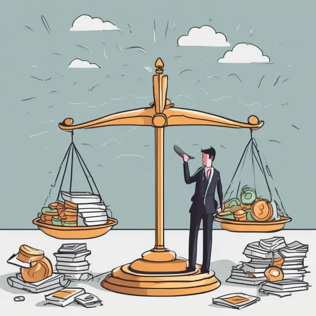 An investor contemplating growth fund investment, assessing risk vs. reward with scales for investment objectives, fees, and asset allocation.