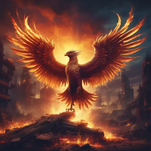 A mythical Phoenix, symbolizing technological advancements and growth industries, arising from the ashes of traditional sectors
