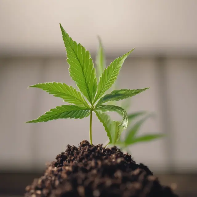 A young marijuana plant sprouts from a cannabis leaf as a symbol of the contemporary growth industry