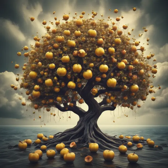Golden tree with apples thriving among financial charts, representing growth industries