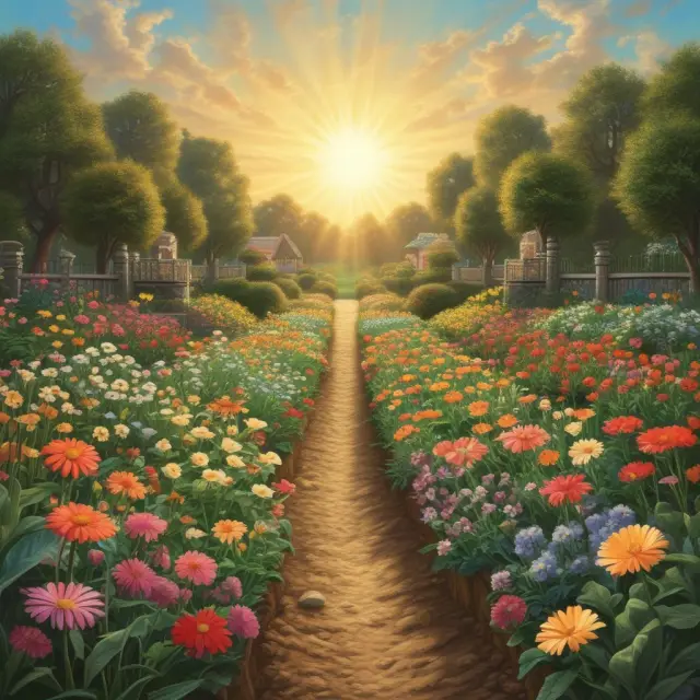 A garden symbolizes growth potential; seeds represent historical earnings growth. Profit margins shine like sunbeams. ROE nourishes like nutrients, and stock performance blooms as flowers.