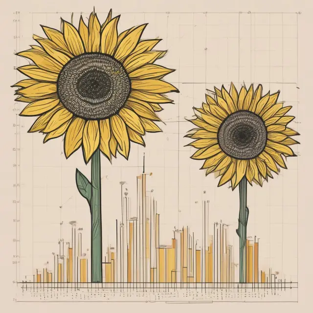 Graph comparing two countries with one represented as a growing tree and the other as a blooming sunflower, symbolizing varying economic growth rates