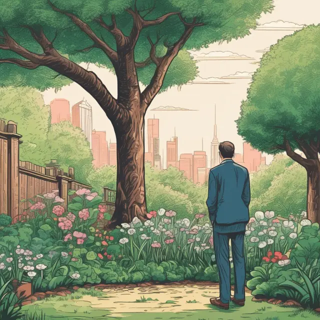 An investor carefully tends to a garden filled with various undervalued stocks, symbolizing the patient approach of value investing.