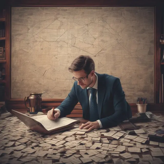 Novice financier working on grunt tasks, surrounded by financial charts and puzzles, setting a strong foundation for future growth in the industry