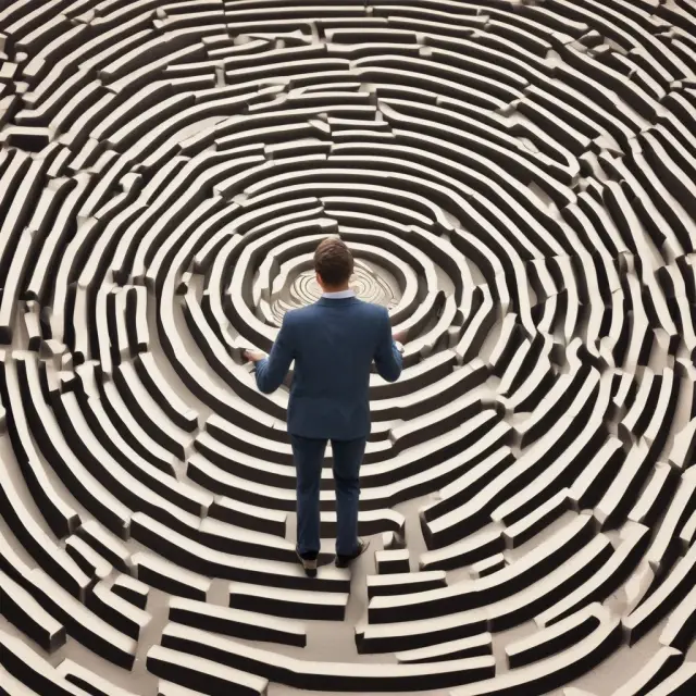 A determined junior finance professional moving through a metaphorical maze filled with financial data and documents, highlighting the essential nature of grunt work in career advancement.