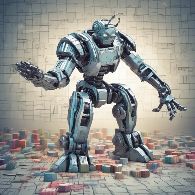 Robots assemble puzzle pieces of financial graphs, reflecting technology