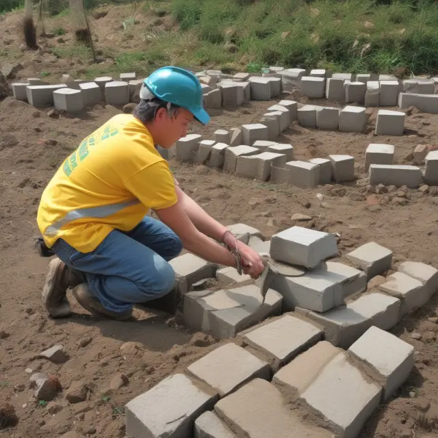A young builder lays foundation stones, symbolizing mastering grunt work as essential steps towards career growth.