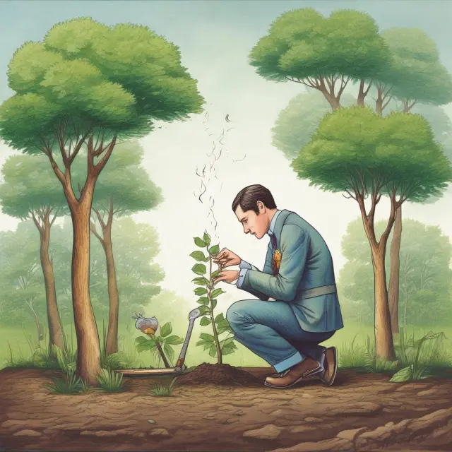 A young finance professional tending to a sapling, symbolizing career growth nourished by the skills and experiences gained from grunt work