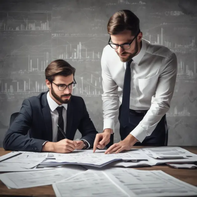 Young financier gaining knowledge and skills through grunt work, surrounded by financial data with a wise mentor