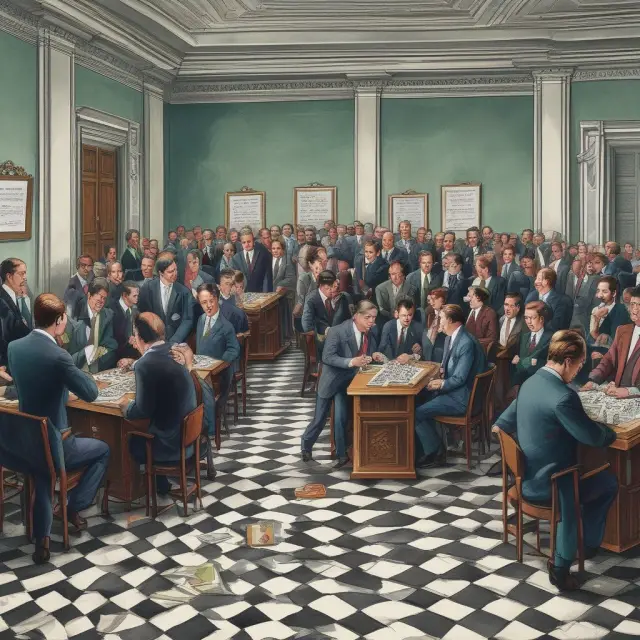 Crowded clearing house scene with digital chessboard, showcasing centralized clearing system advantages: efficiency and risk management