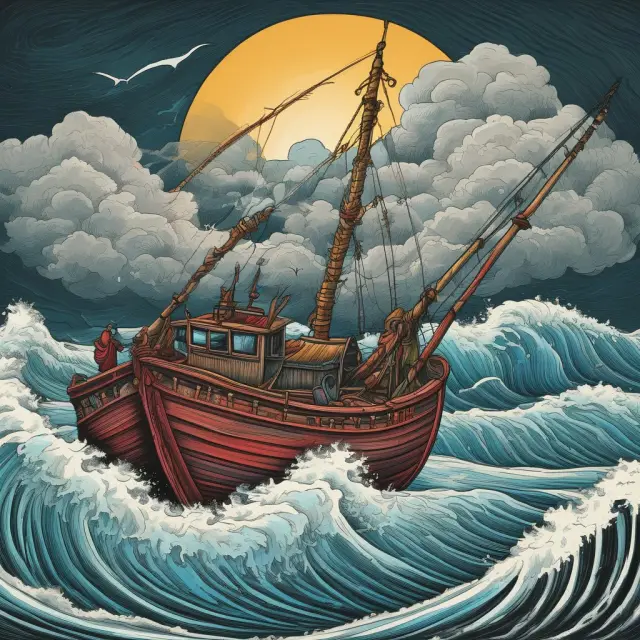 A calm hand representing government, holding a rudder to steer the ship of GSEs through turbulent waters, illustrating their role in maintaining financial stability and managing moral hazard.