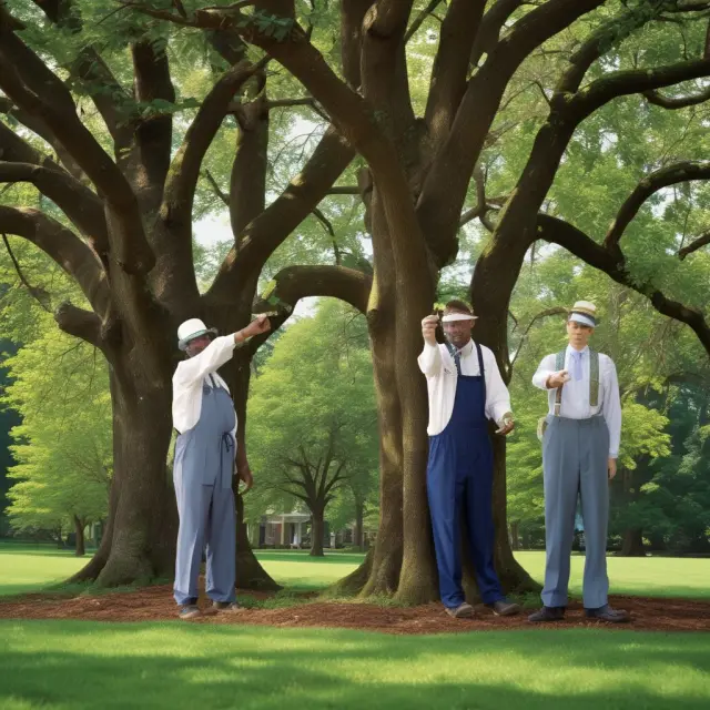 Three towering trees symbolizing Fannie Mae (housing), Farmer Mac (agriculture), and Sallie Mae (education) in full bloom, providing support to their respective sectors