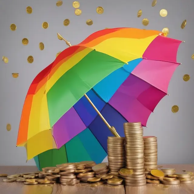 An umbrella adorned with a rainbow shielding golden coins representing tax-free savings and investment growth