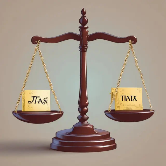 A balance scale tilts between a consumer holding money bags and a producer with a stack of goods, representing the fair redistribution of taxes under GST.