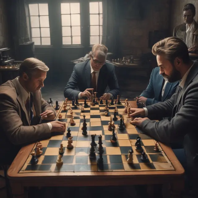 Three market players engaging in a metaphorical chess game, each wielding a Good