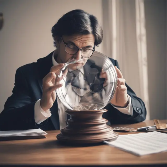 Investor examining potential profits from GTC sell orders with the help of a crystal ball, demonstrating effective risk management strategies and optimizing gains