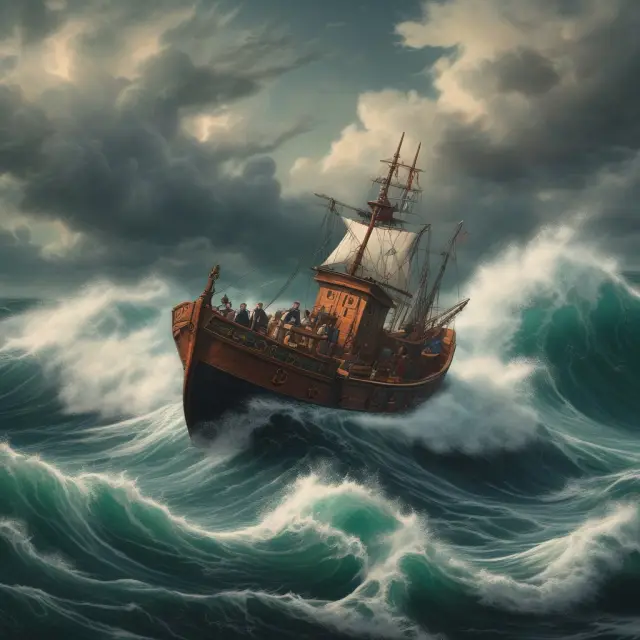 A sailor navigating a stormy sea while steering a boat with Good
