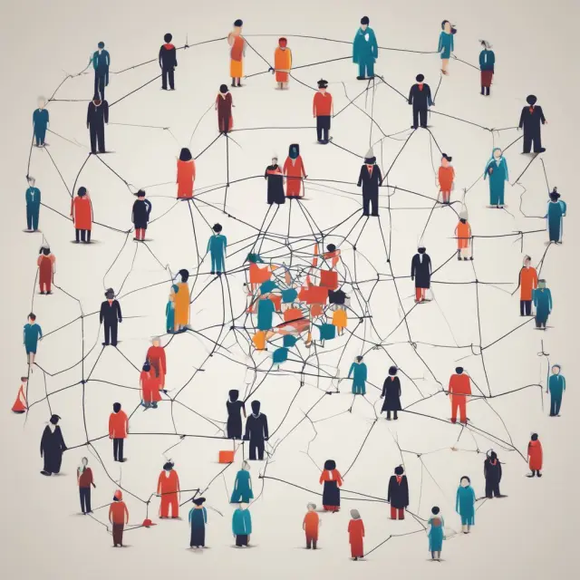 An intricate web of interconnected people representing the concept of Guanxi, emphasizing the importance of relationships, trust, and reciprocal obligations in Chinese business culture.