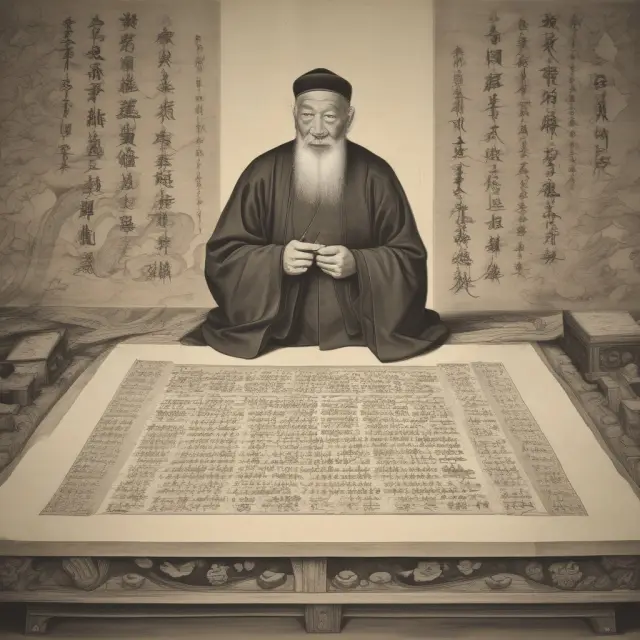 Confucian scholar revealing intricately connected relationships on scrolls, emphasizing the importance of Guanxi in Chinese culture