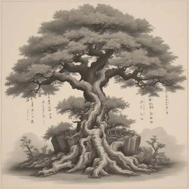 An ancient tree representing guanxi grows from a shared well, symbolizing the interconnectedness and reciprocal nature of relationships in Chinese culture.