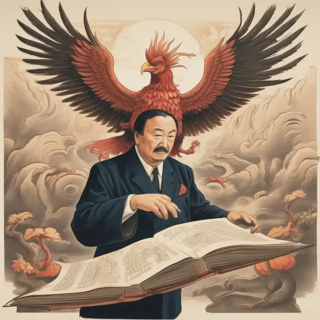 Image of Ren Zhengfei next to a mythical phoenix arising from ancient Chinese scrolls, representing the importance and power of guanxi in business.
