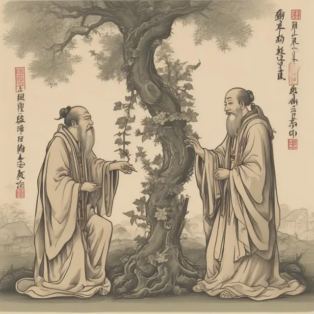 A scene of an ancient Chinese scholar sitting under a tree with a modern businessperson exchanging cards at its roots. The vine connecting them represents the blending of Guanxi and Networking.