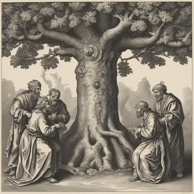An ancient oak tree sheltering artisans forming a circle around it – representing the origination of guarantee companies