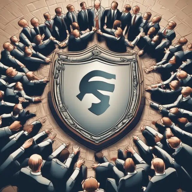 Members joining hands under a protective shield, representing the unique features of guarantee companies: liability limitation, autonomy, and flexibility