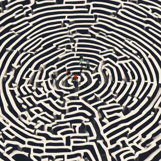 An intricate maze symbolizes the advantages and disadvantages of a guarantee company, with members exploring potential benefits and risks.