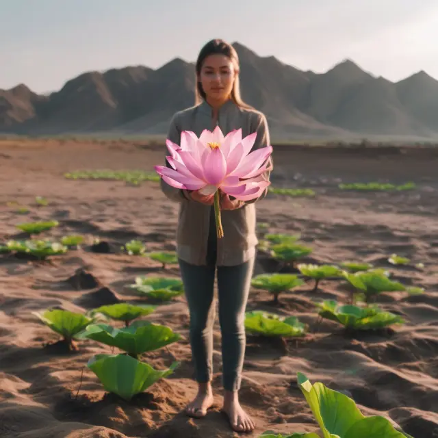 A heart patient holding a lotus flower in a desolate landscape, representing the hope and security of guaranteed issue life insurance