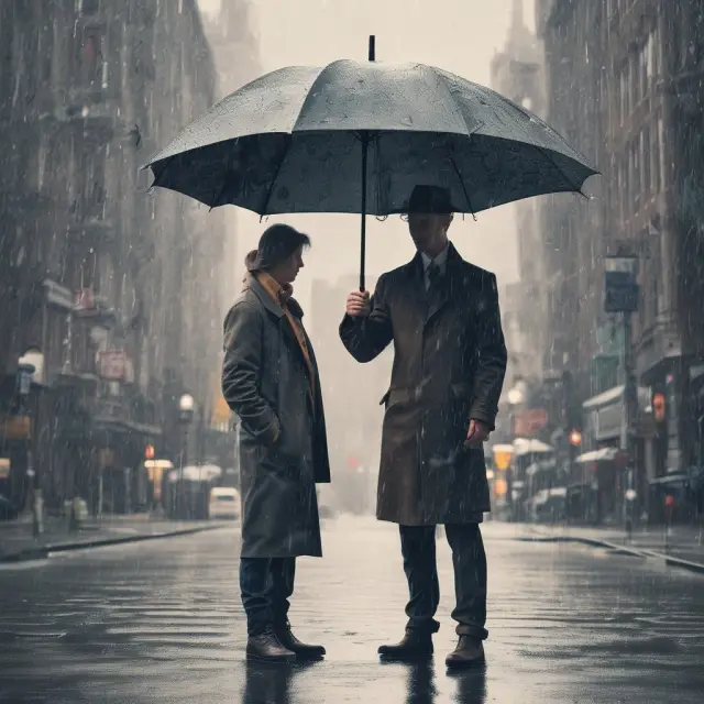 Man holding an umbrella receives a book of guaranteed issue life insurance during rainstorm, showing financial security