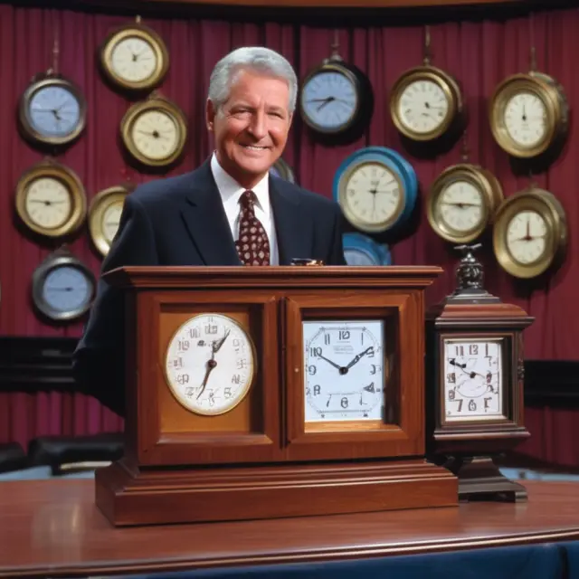 Alex Trebek sits at his Jeopardy! podium surrounded by clock faces representing the waiting period for guaranteed issue life insurance.