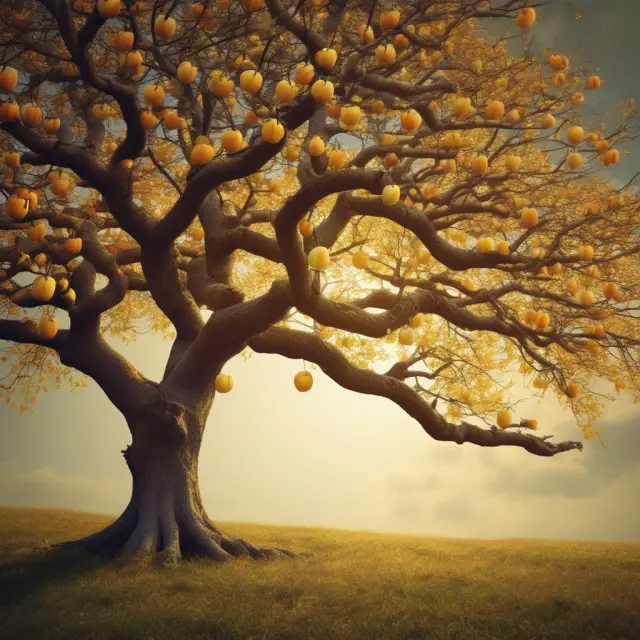 An apple tree yielding golden fruits representing accepted applicants for guaranteed issue life insurance. Golden apples symbolize those with health issues or unique circumstances.