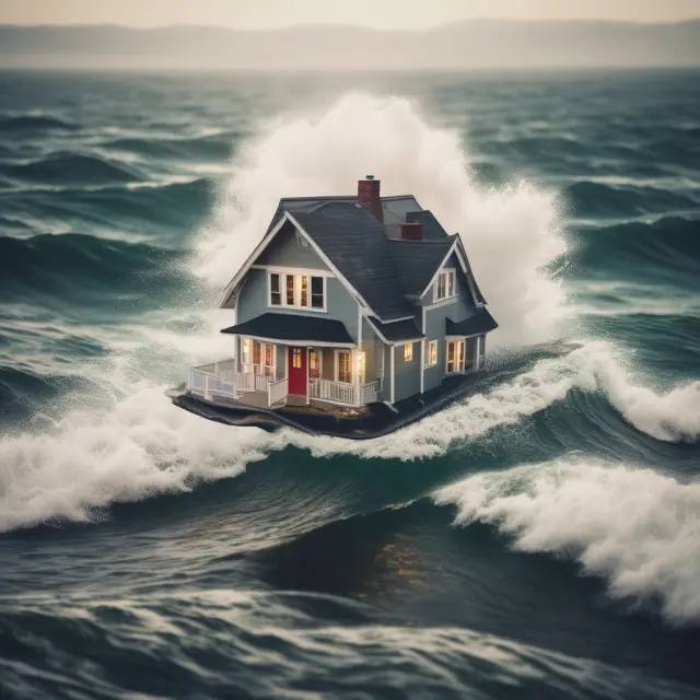 A shield emblazoned with the FHA logo, safeguarding a house and its owner from stormy financial waters