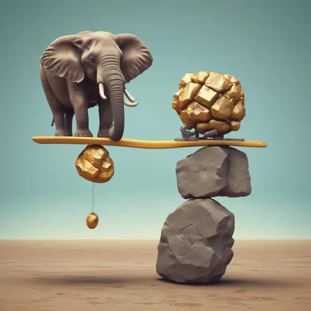 Golden payday loan nugget on a seesaw, facing an elephant symbolizing safe alternative loans. Balancing the risk versus financial security.
