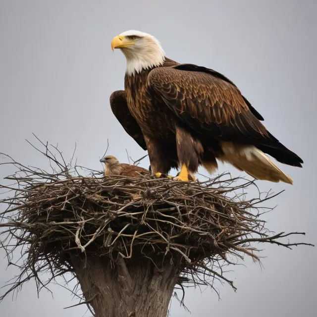 An eagle guarding a nest filled with loan application documents, symbolizing the protective role of a guarantor in securing funding for those with challenging financial backgrounds
