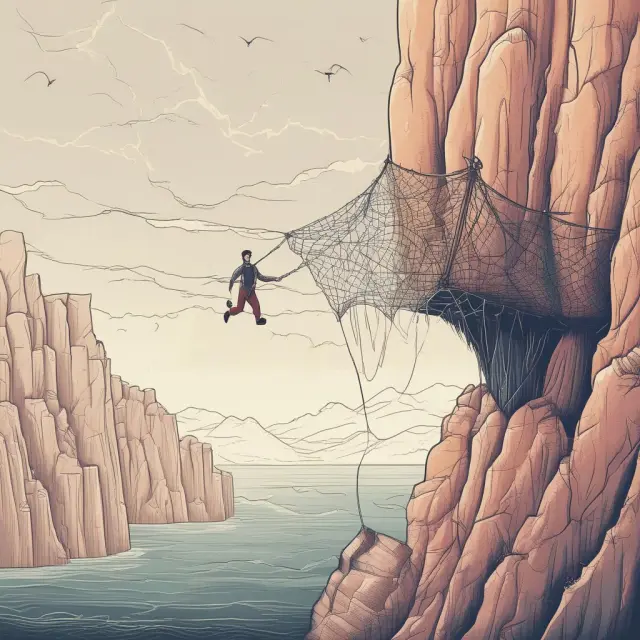 A guarantor holds a safety net under a borrower teetering on financial cliffs, ensuring repayment stability for guaranteed loans.
