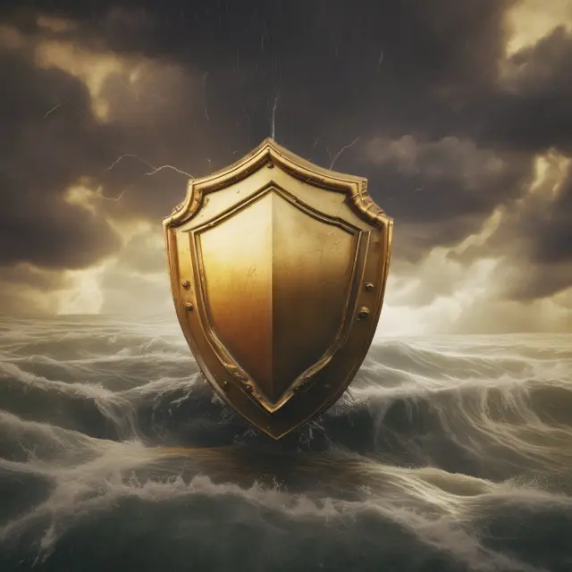 A golden shield with partners