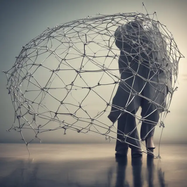 An insurance company holding a woven safety net with a group of guarantors standing behind