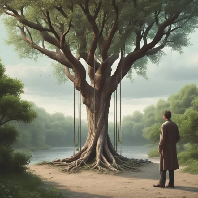 An investor ponders decisions as they stand beside a matured Guaranteed Investment Fund tree and a winding redemption options river
