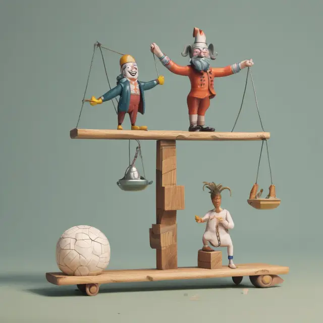 Jester weighing two insurance policies on a see-saw, representing the balance between guaranteed renewable and non-cancellable plans.