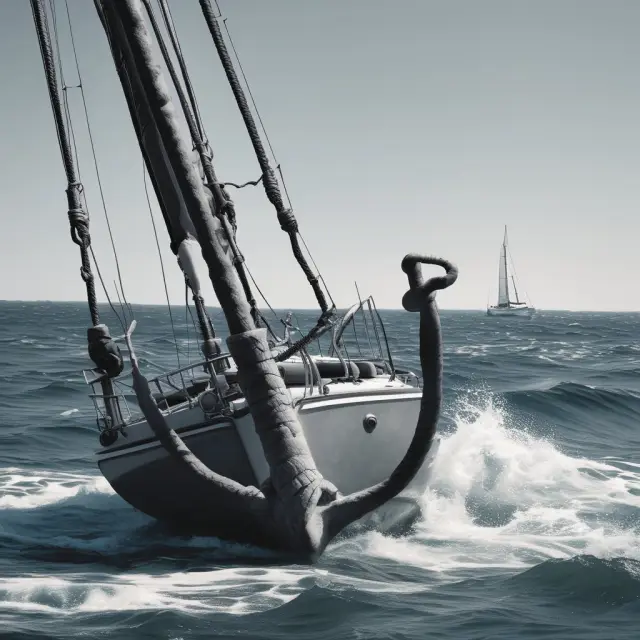 A sailboat anchored in tranquil waters, with an anchor representing a guaranteed renewable policy securing the vessel during uncertain financial conditions